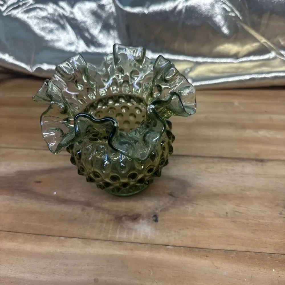 Vintage Fenton Olive Green Ruffled Edge Hobnail Vase 3